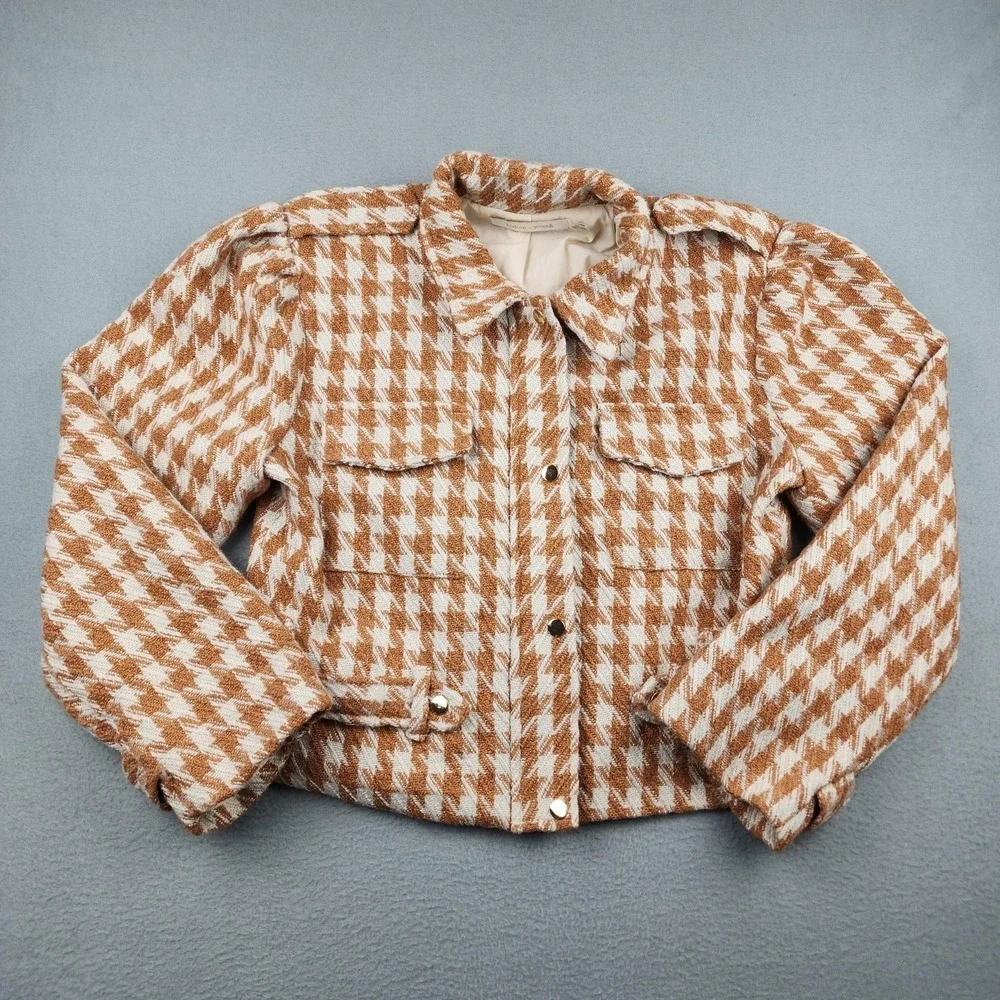 Bishop + Young Jacket Womens Medium Brown Tweed Snap Front Belted Pockets Lined